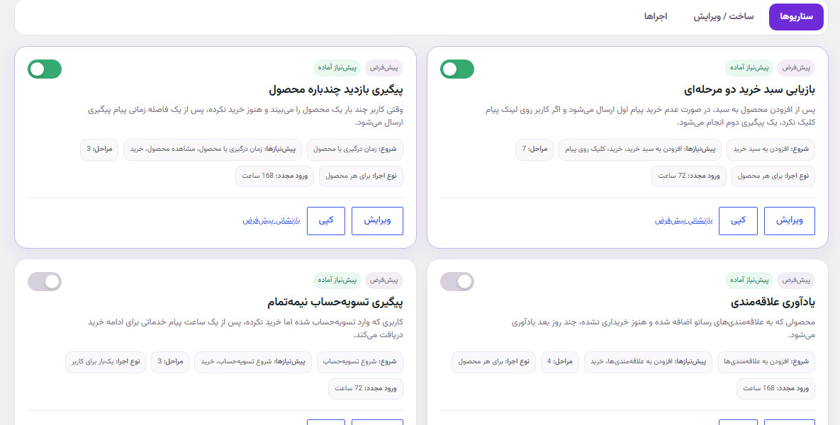 سناریوهای آماده بازیابی سبد خرید، علاقه‌مندی و پیگیری بازدید محصول در رسانو